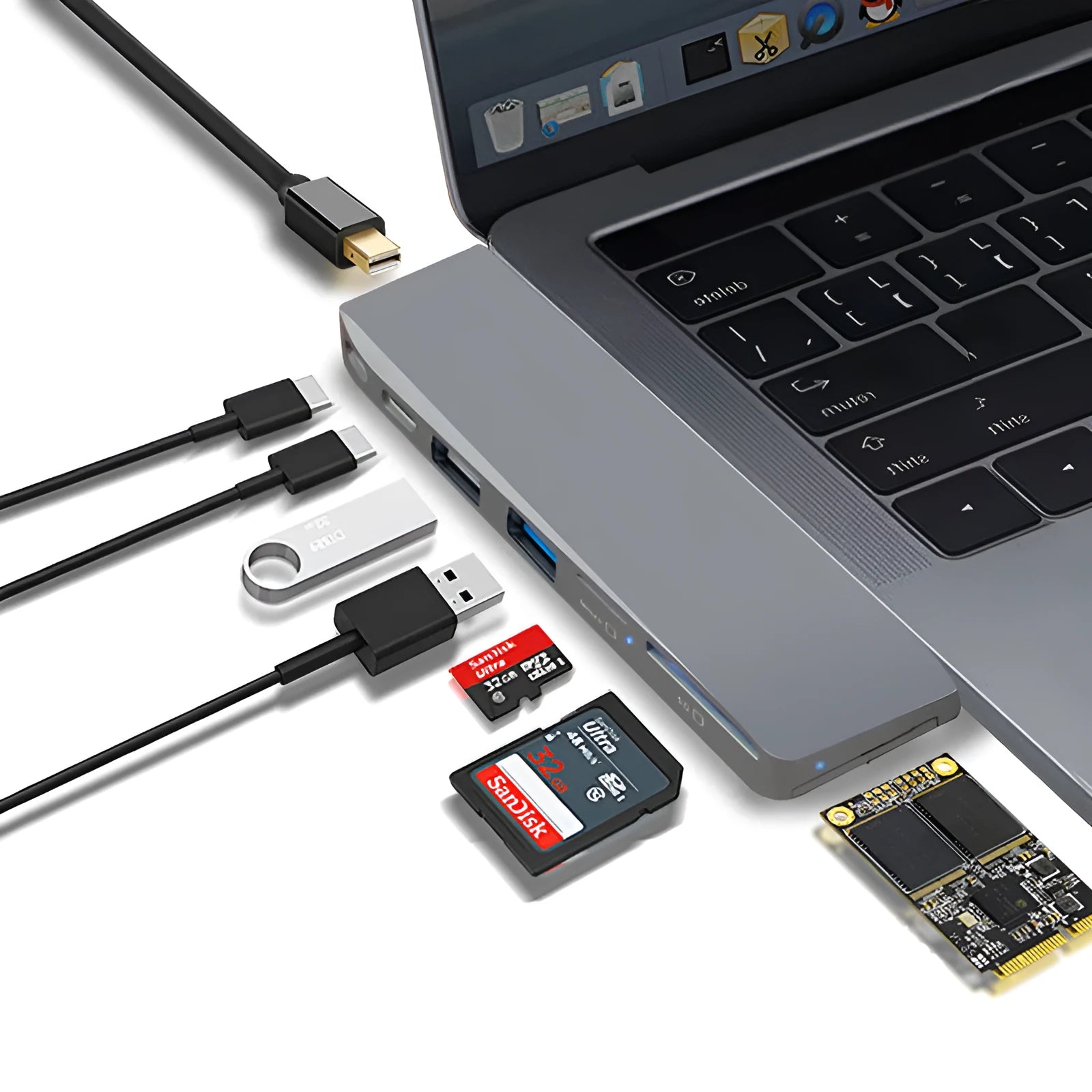 Silver 8-in-1 USB-C card reader hub for MacBook Pro with multiple ports including USB and SD slots.