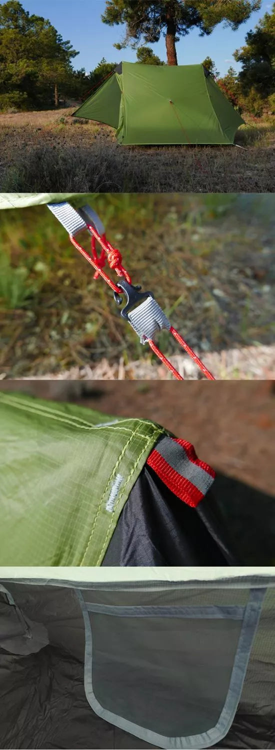 Silicon-coated poleless tent in camouflage green, featuring rainproof design and lightweight aluminum poles