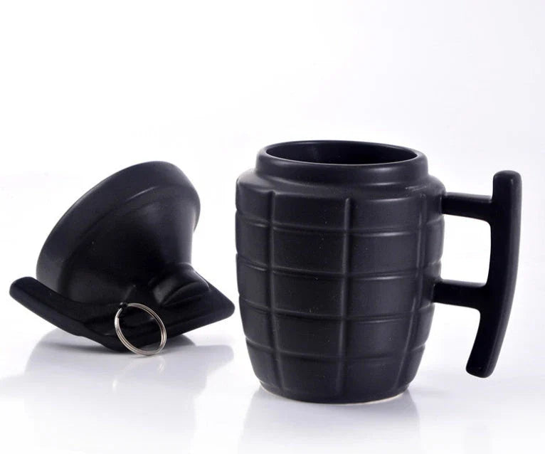 Stylish and durable grenade-shaped ceramic coffee mug with a secure lid, perfect for outdoor adventures and office use.