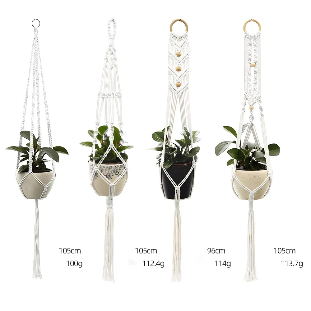 Hand-knitted cotton flowerpot net bag showing intricate pattern and hanging installation with plant