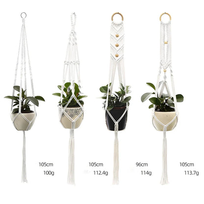 Hand-knitted cotton flowerpot net bag showing intricate pattern and hanging installation with plant