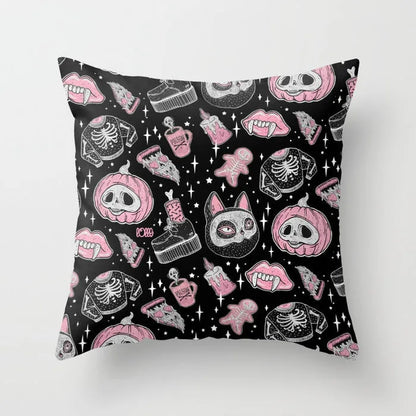 Halloween-themed cartoon print cushion cover on a sofa, 45x45 cm size.