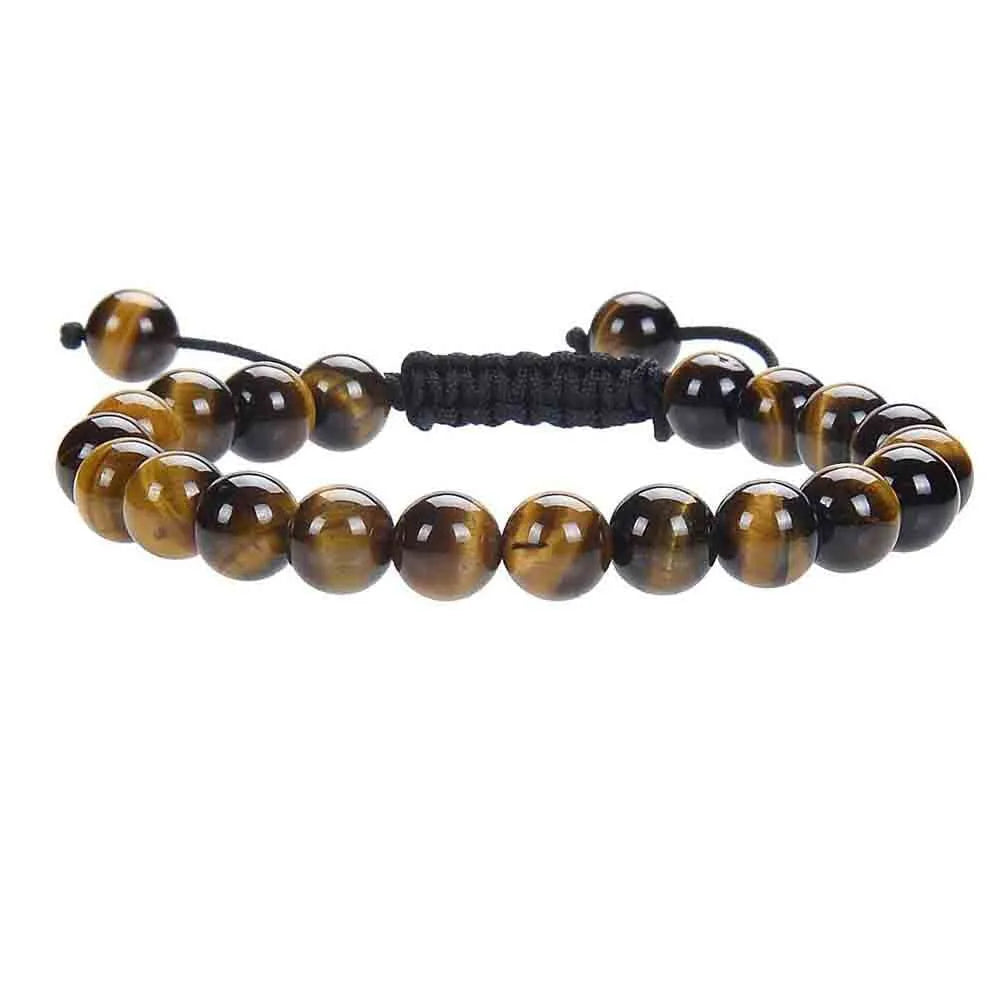 Women's flat knot braided healing bracelet hand-woven with natural gemstone beads in geometric pattern