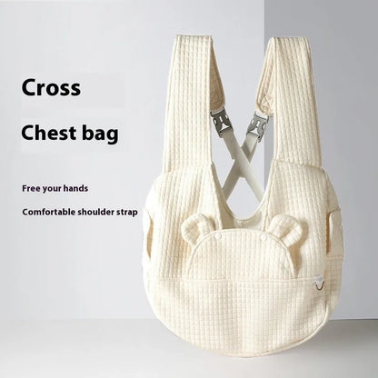 Grey quilted pet diaper backpack with cross-body strap for small dogs and cats