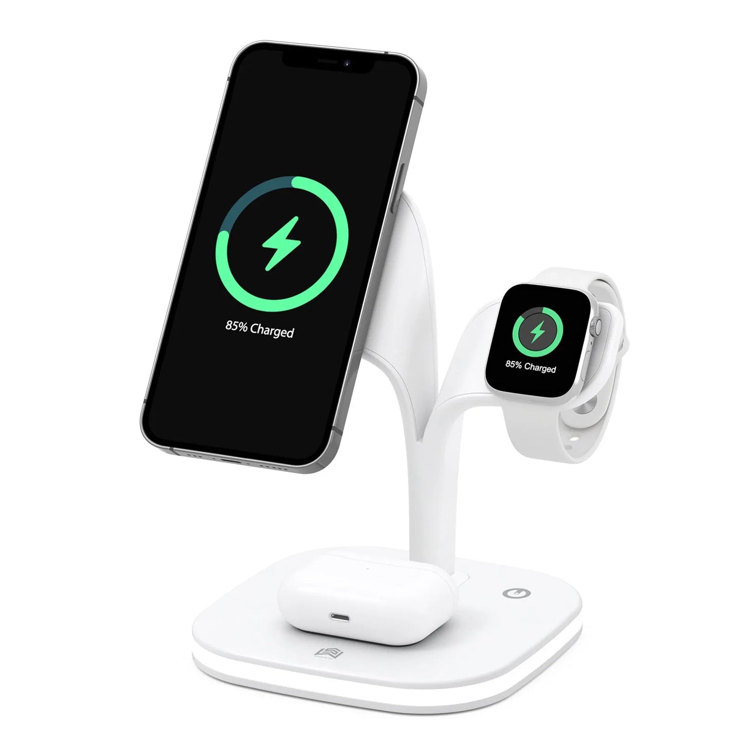 Black 3-in-1 wireless charging stand with phone, smartwatch, and headphones placed on its charging pads