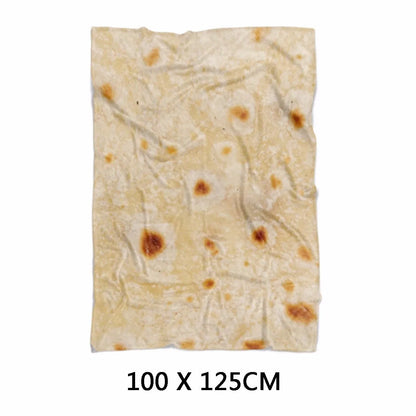Round flannel burrito blanket with food-themed printing, showing coral fleece texture and wrap-style design