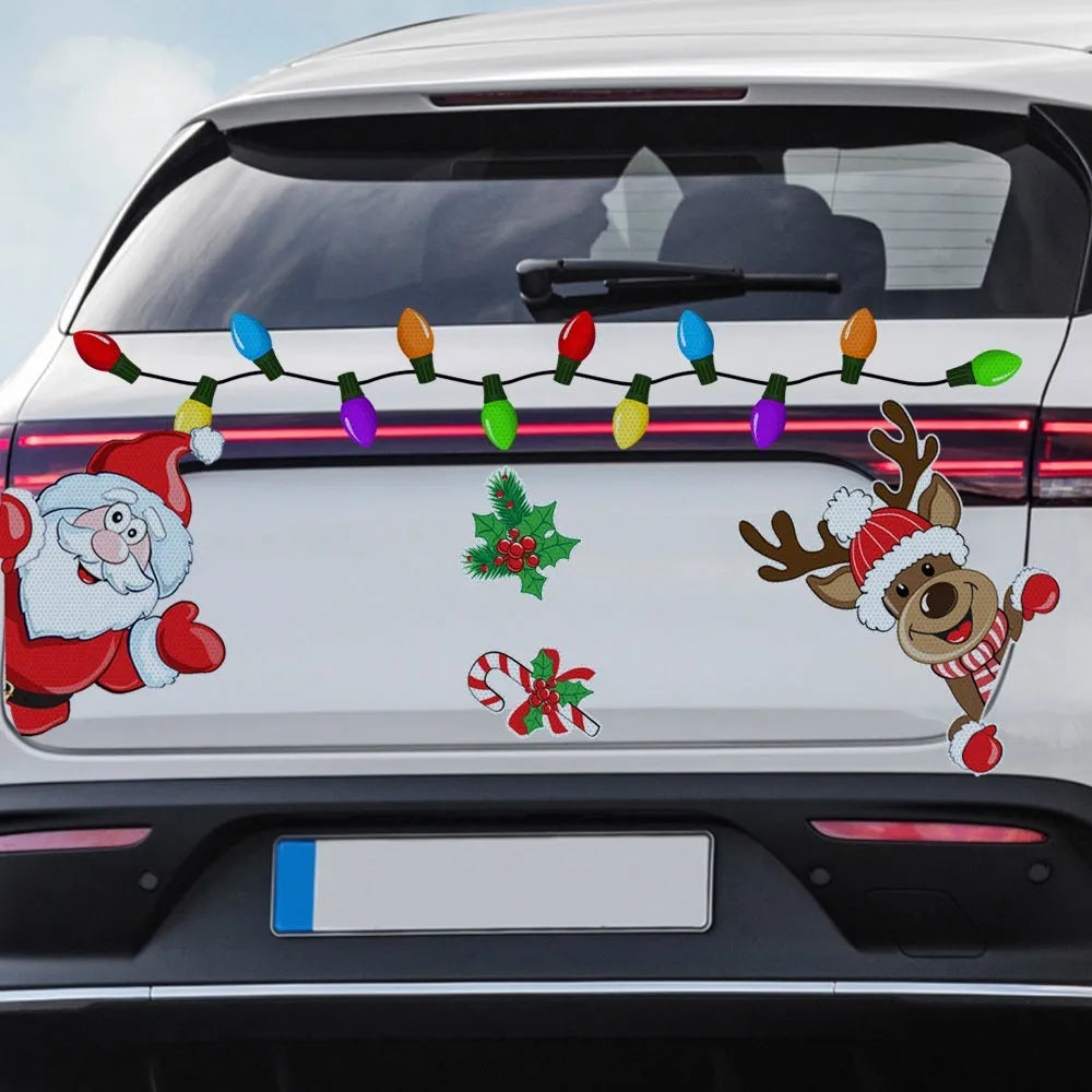 Colourful reflective cartoon Christmas elk magnetic sticker for windows on a medium blue background
