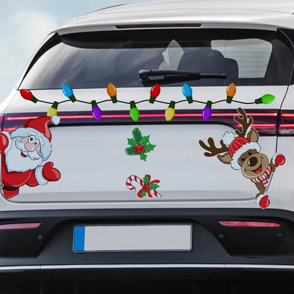 Colourful reflective cartoon Christmas elk magnetic sticker for windows on a medium blue background