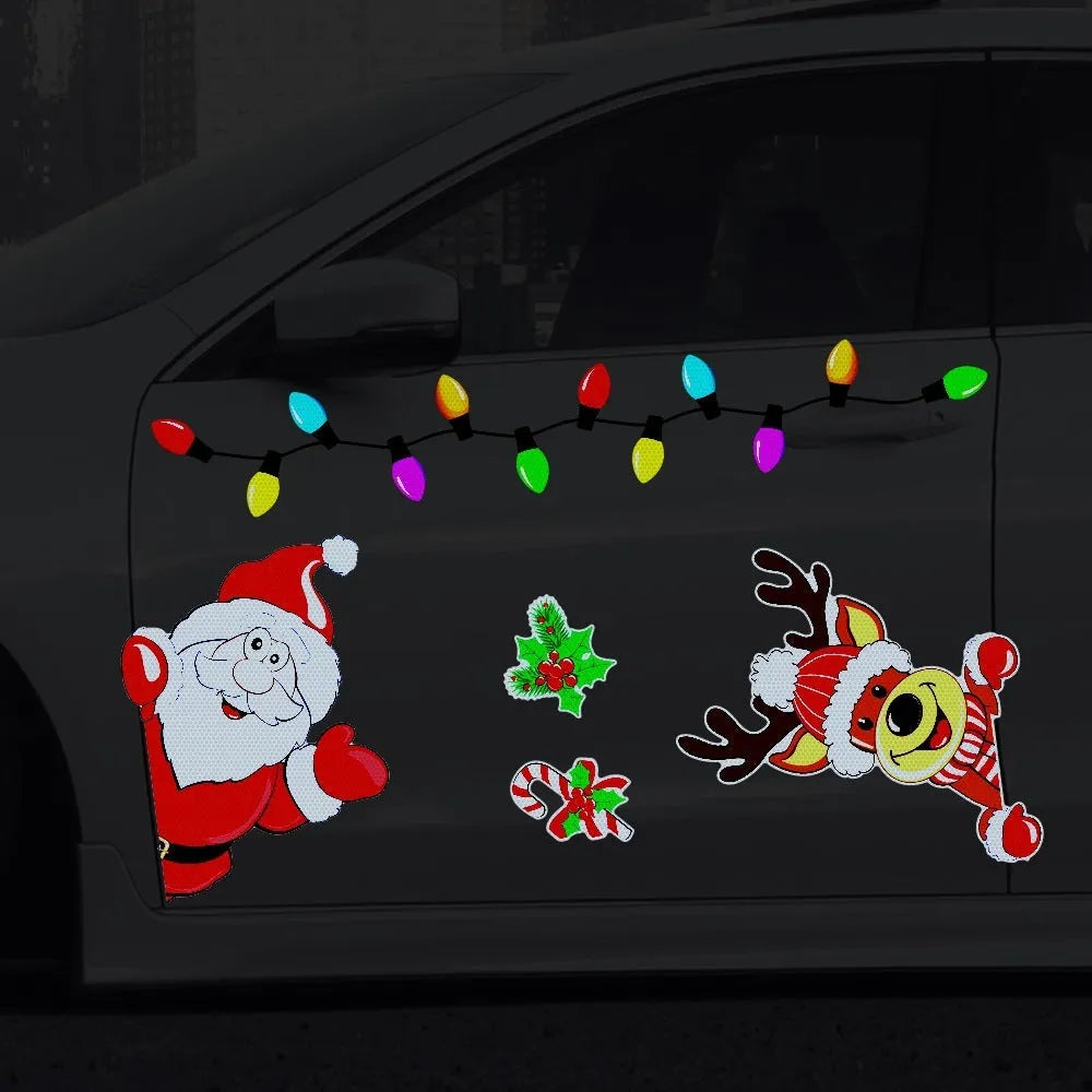Colourful reflective cartoon Christmas elk magnetic sticker for windows on a medium blue background