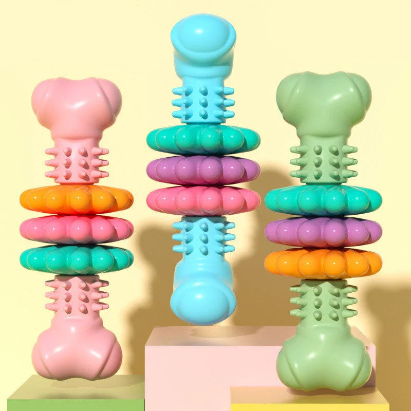 TPR Dog Chew Bone in blue, pink, and green for teeth cleaning and stress relief