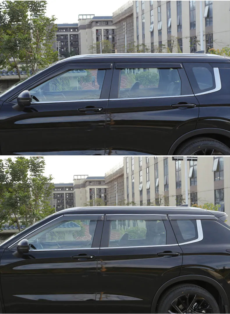 Black engineering plastic window deflectors installed on a 2023 Mitsubishi Outlander.