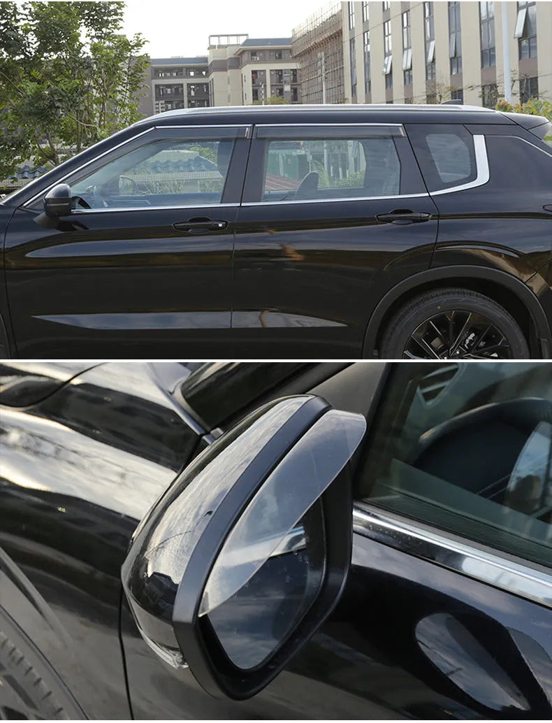 Black engineering plastic window deflectors installed on a 2023 Mitsubishi Outlander.