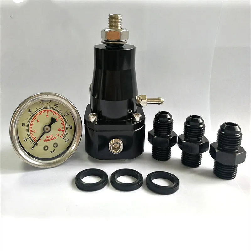 Black CNC aluminium fuel pressure regulator with adjustable 30-70 psi range