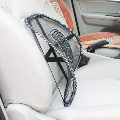 Black lumbar support pillow with steel wire framework for car seats measuring 41x39cm