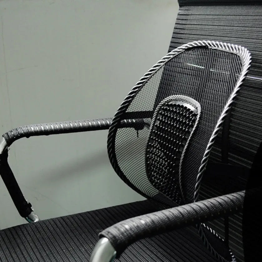 Black lumbar support pillow with steel wire framework for car seats measuring 41x39cm