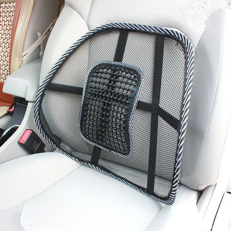 Black lumbar support pillow with steel wire framework for car seats measuring 41x39cm