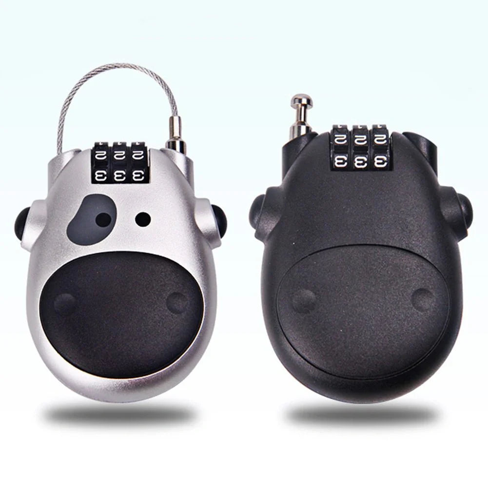 Cow telescopic wire rope lock in black and grey, zinc alloy construction, compact security solution