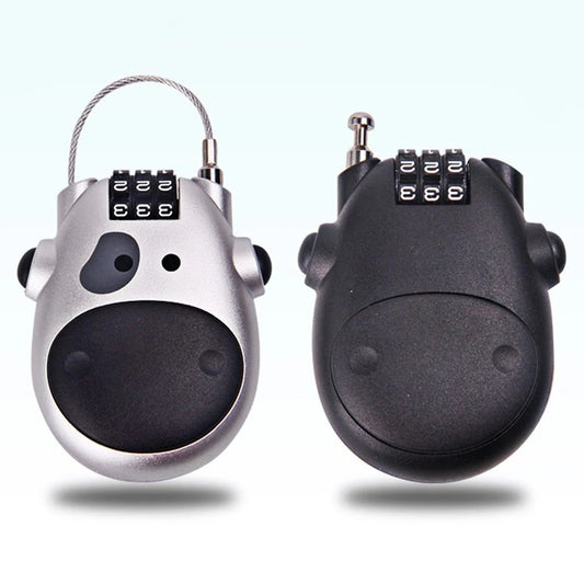 Cow telescopic wire rope lock in black and grey, zinc alloy construction, compact security solution