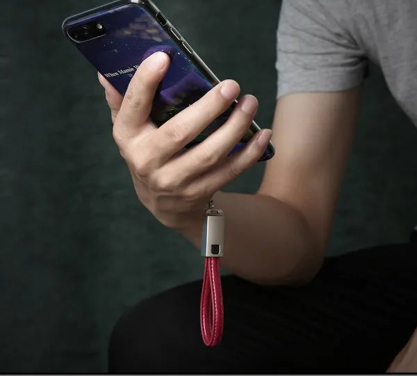 20cm leather iPhone charging cable with zinc alloy lightning connector in black, brown, or red colour