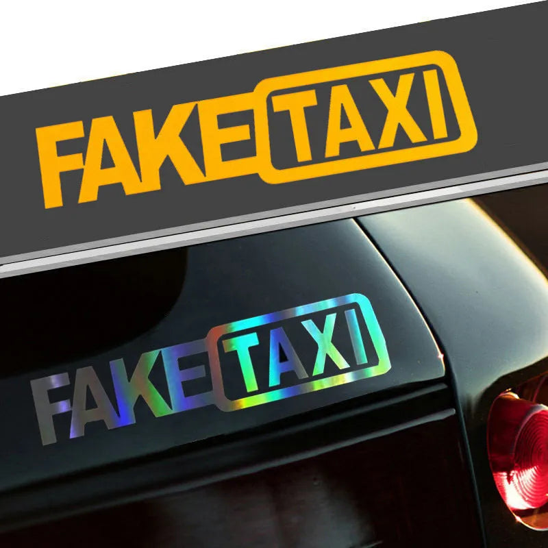 FAKE TAXI car warning sticker in black, white and yellow colours showing 20x8cm waterproof PET label