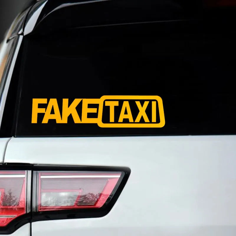FAKE TAXI car warning sticker in black, white and yellow colours showing 20x8cm waterproof PET label