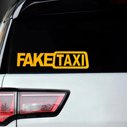 FAKE TAXI car warning sticker in black, white and yellow colours showing 20x8cm waterproof PET label