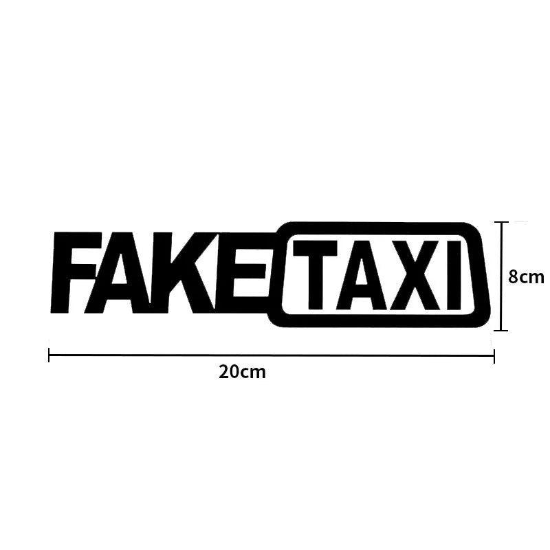 FAKE TAXI car warning sticker in black, white and yellow colours showing 20x8cm waterproof PET label
