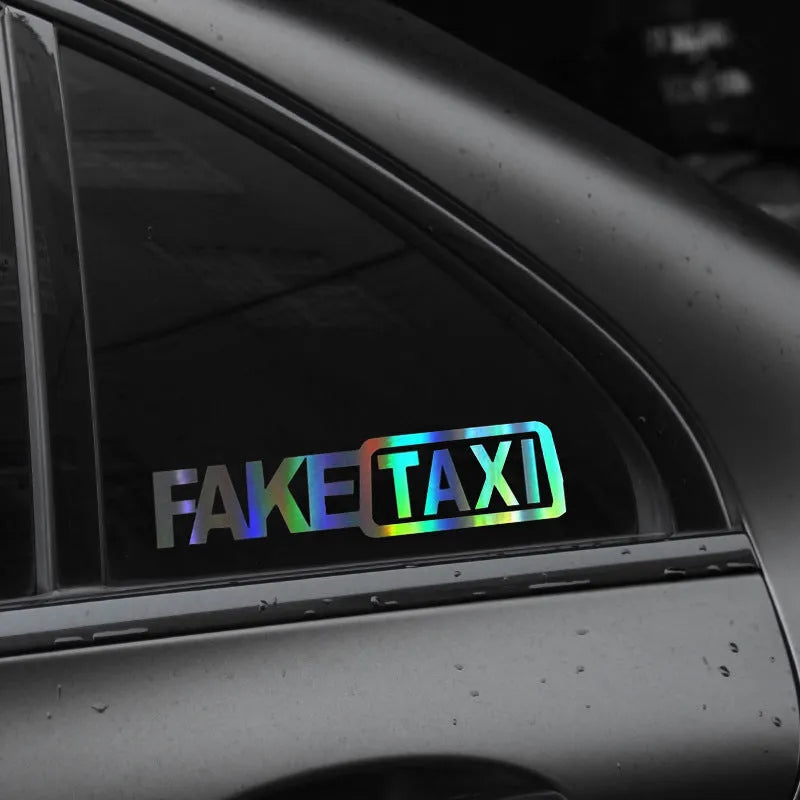 FAKE TAXI car warning sticker in black, white and yellow colours showing 20x8cm waterproof PET label
