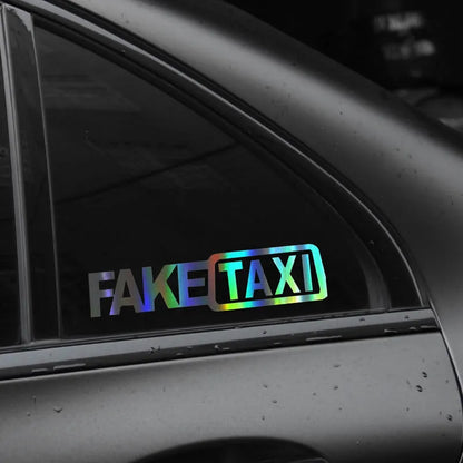 FAKE TAXI car warning sticker in black, white and yellow colours showing 20x8cm waterproof PET label