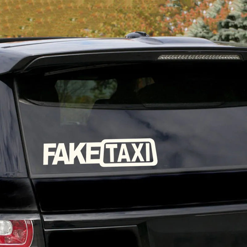 FAKE TAXI car warning sticker in black, white and yellow colours showing 20x8cm waterproof PET label