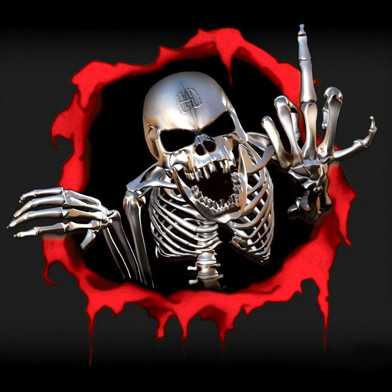 Reflective metal skull car sticker with colourful broken shell design measuring 15 by 14 cm