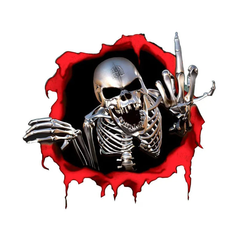 Reflective metal skull car sticker with colourful broken shell design measuring 15 by 14 cm