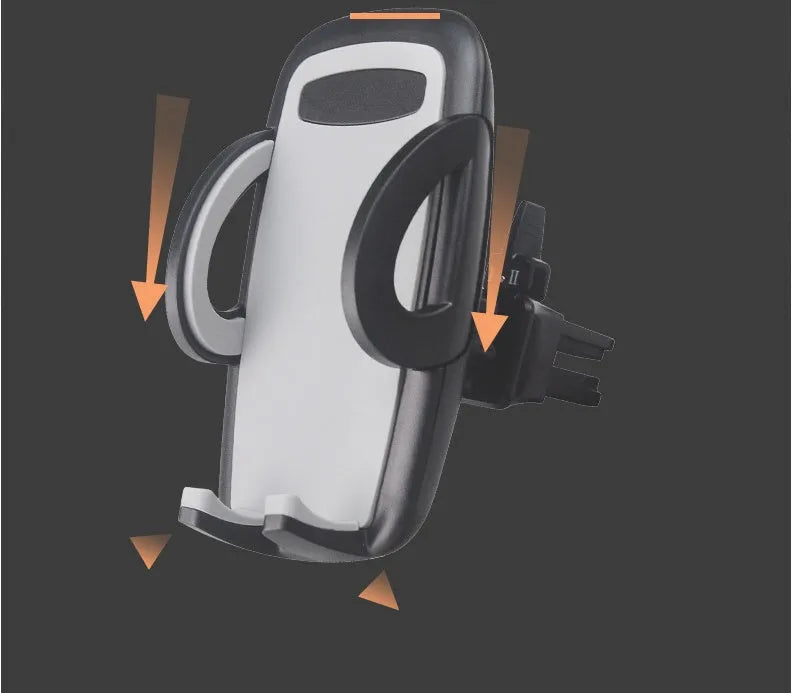 Black universal car air vent mobile phone holder attached to a vehicle vent, showing adjustable arms and 360-degree rotation.