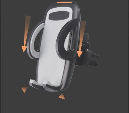Black universal car air vent mobile phone holder attached to a vehicle vent, showing adjustable arms and 360-degree rotation.