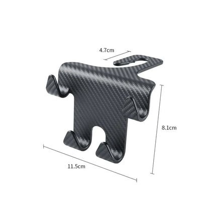 Black ABS plastic car hook and mobile phone holder bracket for rear seat mounting.