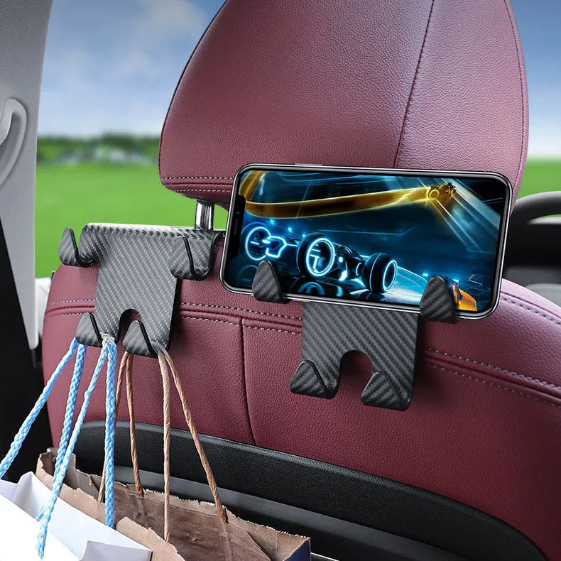 Black ABS plastic car hook and mobile phone holder bracket for rear seat mounting.