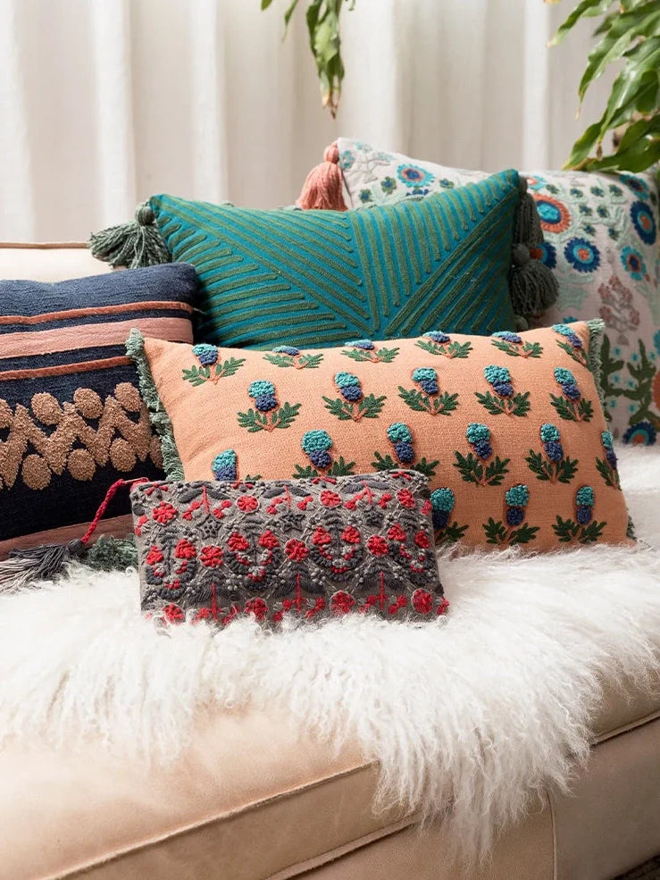 Vintage handmade embroidered throw pillow in jewel 01 cotton, 30x50cm with core, dry clean only