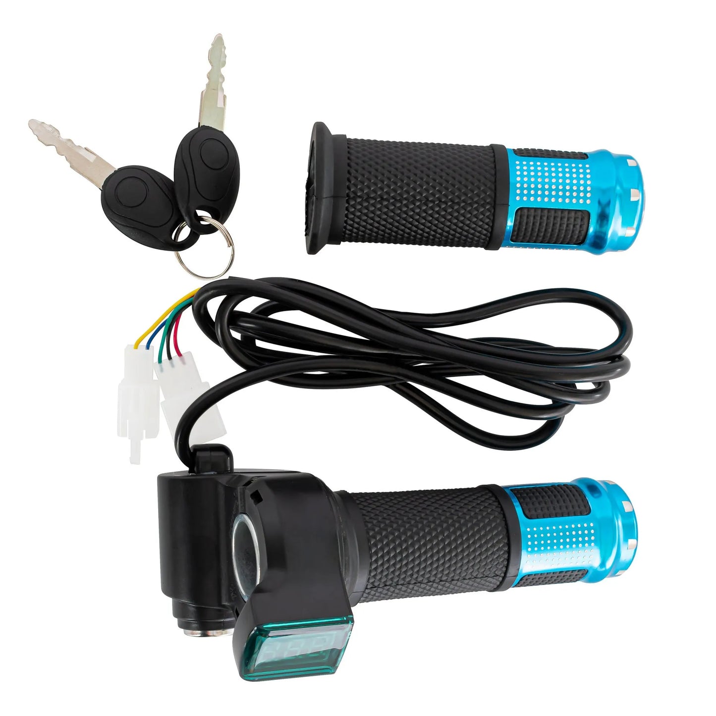 Electric vehicle handlebar replacement part in blue, red, silver, and yellow colour options.