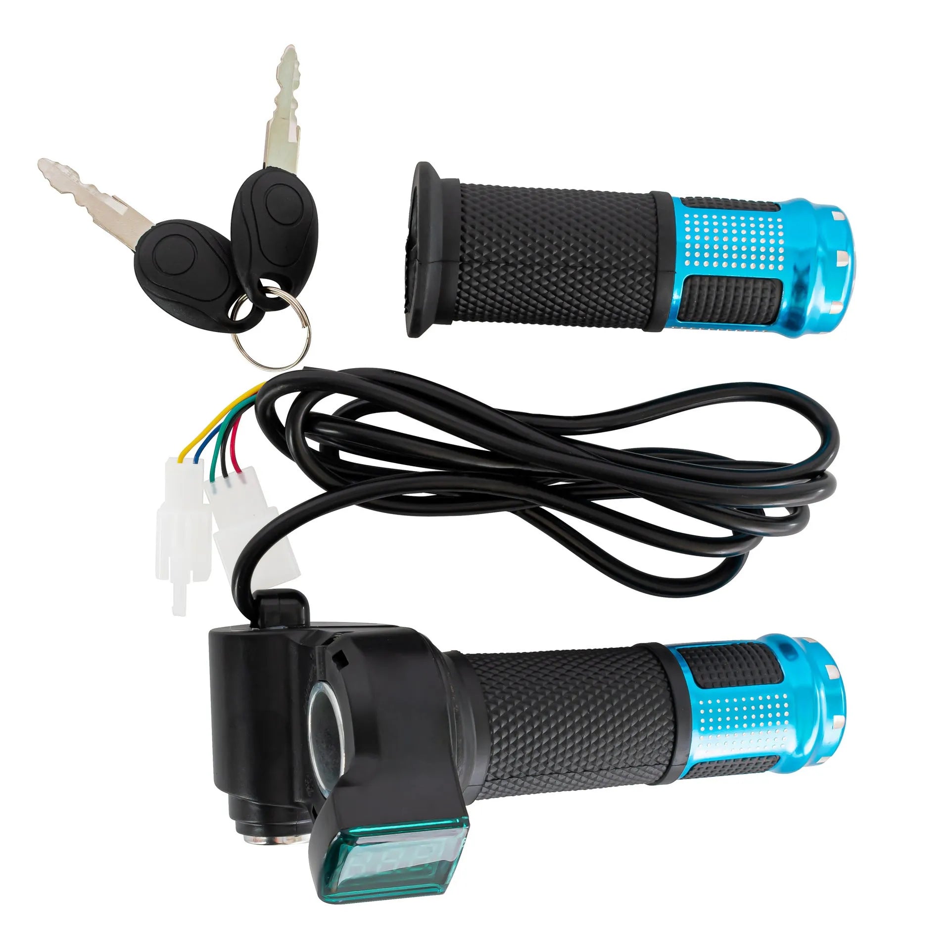 Electric vehicle handlebar replacement part in blue, red, silver, and yellow colour options.