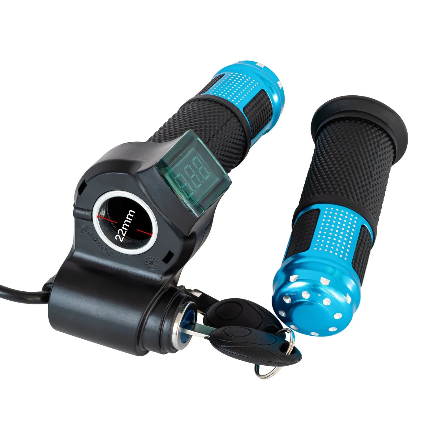Electric vehicle handlebar replacement part in blue, red, silver, and yellow colour options.