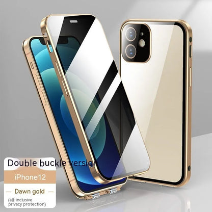 Glass phone case with double-sided buckle for Apple iPhone in multiple colours.