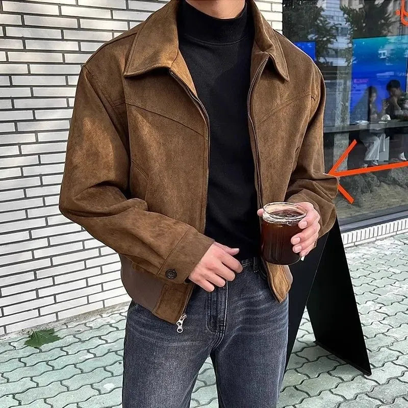 Loose lapel short suede jacket in brown or black, Hong Kong style, unhooded, sizes M to 2XL