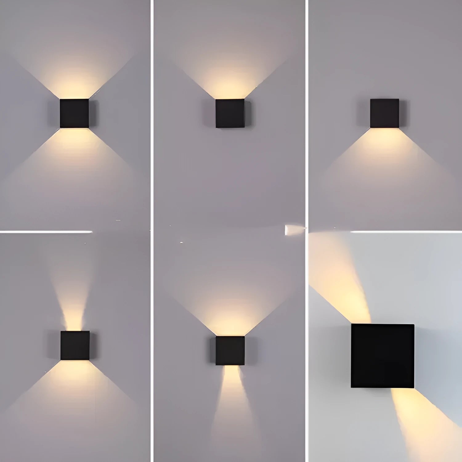 Compact square aluminium wall lamp with 360-degree light output, shown in grey finish mounted on a wall.
