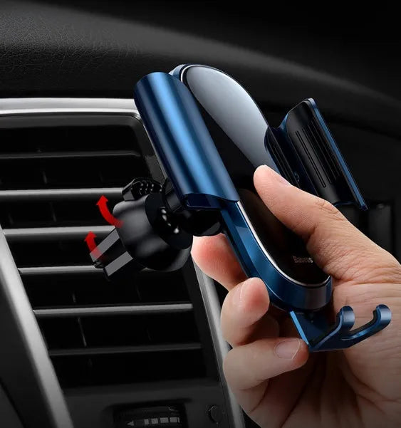 Universal smart car phone bracket with adjustable arm and 360-degree rotation in black, blue, and silvery colours.