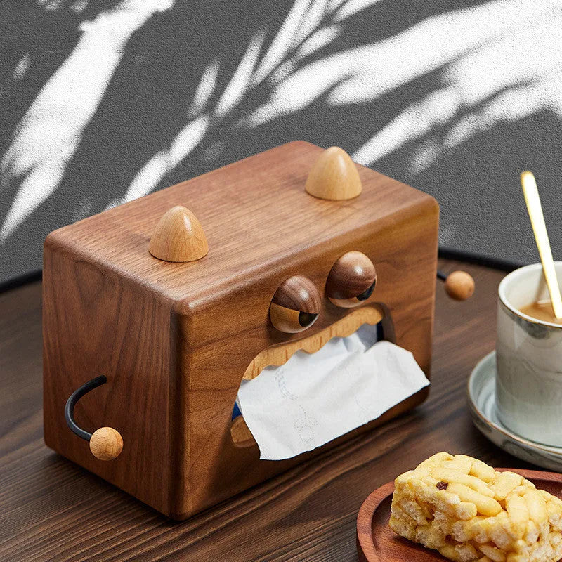 Wooden tissue box with cartoon monster design in walnut and beech colours