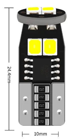 Small white LED car licence plate light with fibre glass board, shown at 10mm size.