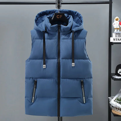 Men's solid colour thickened vest with removable cap in black or blue options