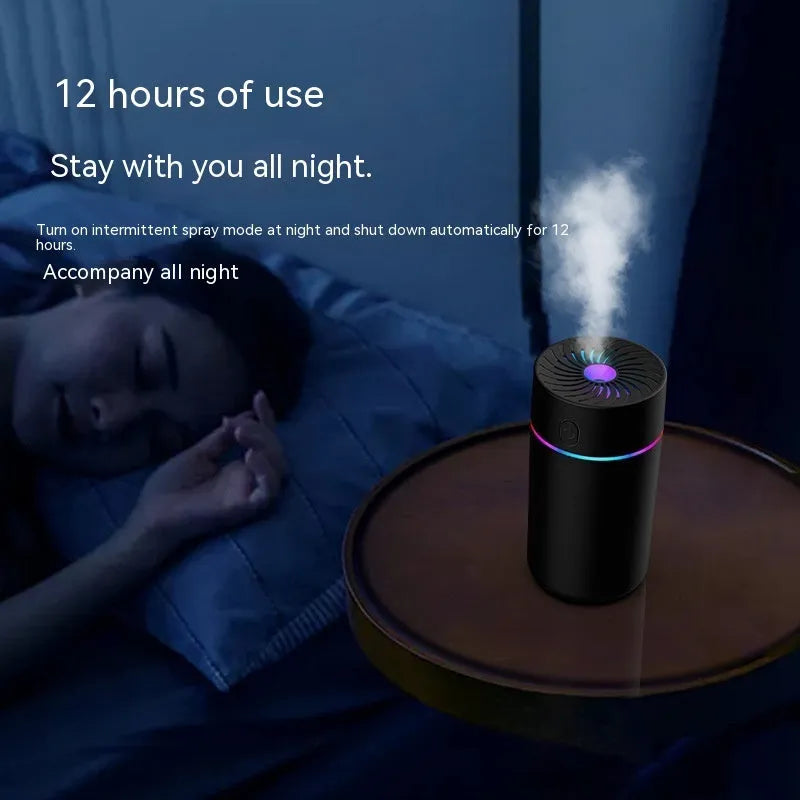 Compact car USB humidifier with aromatherapy function showing water reservoir and control buttons