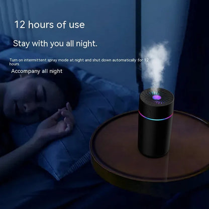 Compact car USB humidifier with aromatherapy function showing water reservoir and control buttons