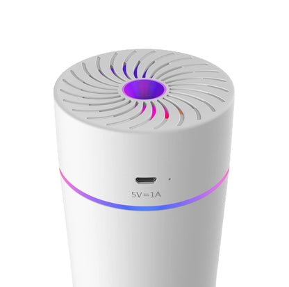 Compact car USB humidifier with aromatherapy function showing water reservoir and control buttons